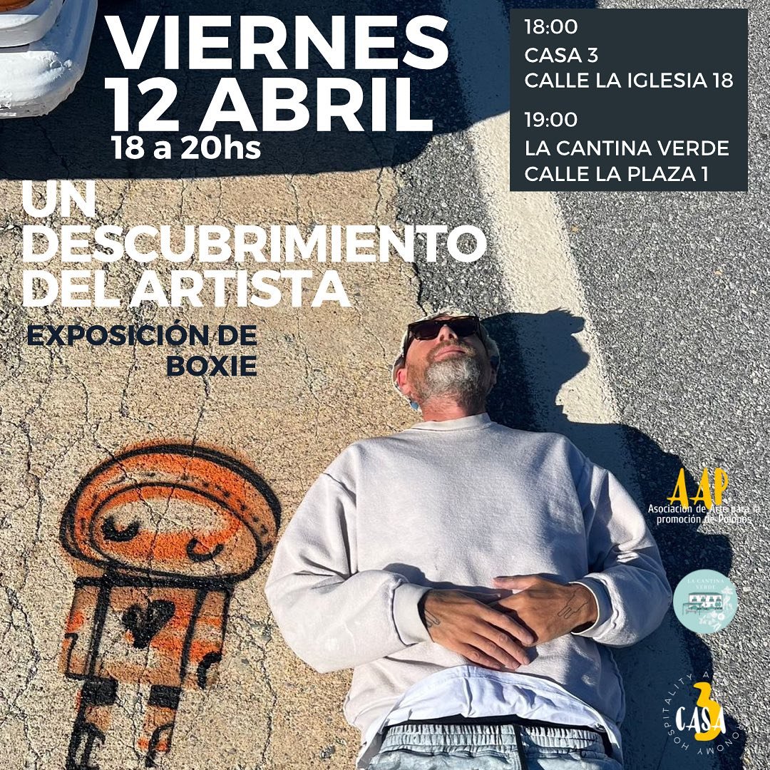 12.04.2024 an art exhibition of the work created by our artist in residence Boxie. Come and see his creations, the opening is at 18:00 at Casa 3 in Polopos and then followed by the Cantina verde at 19:00. Everyone is welcome!
🎨
04.12.2024 una exposi
