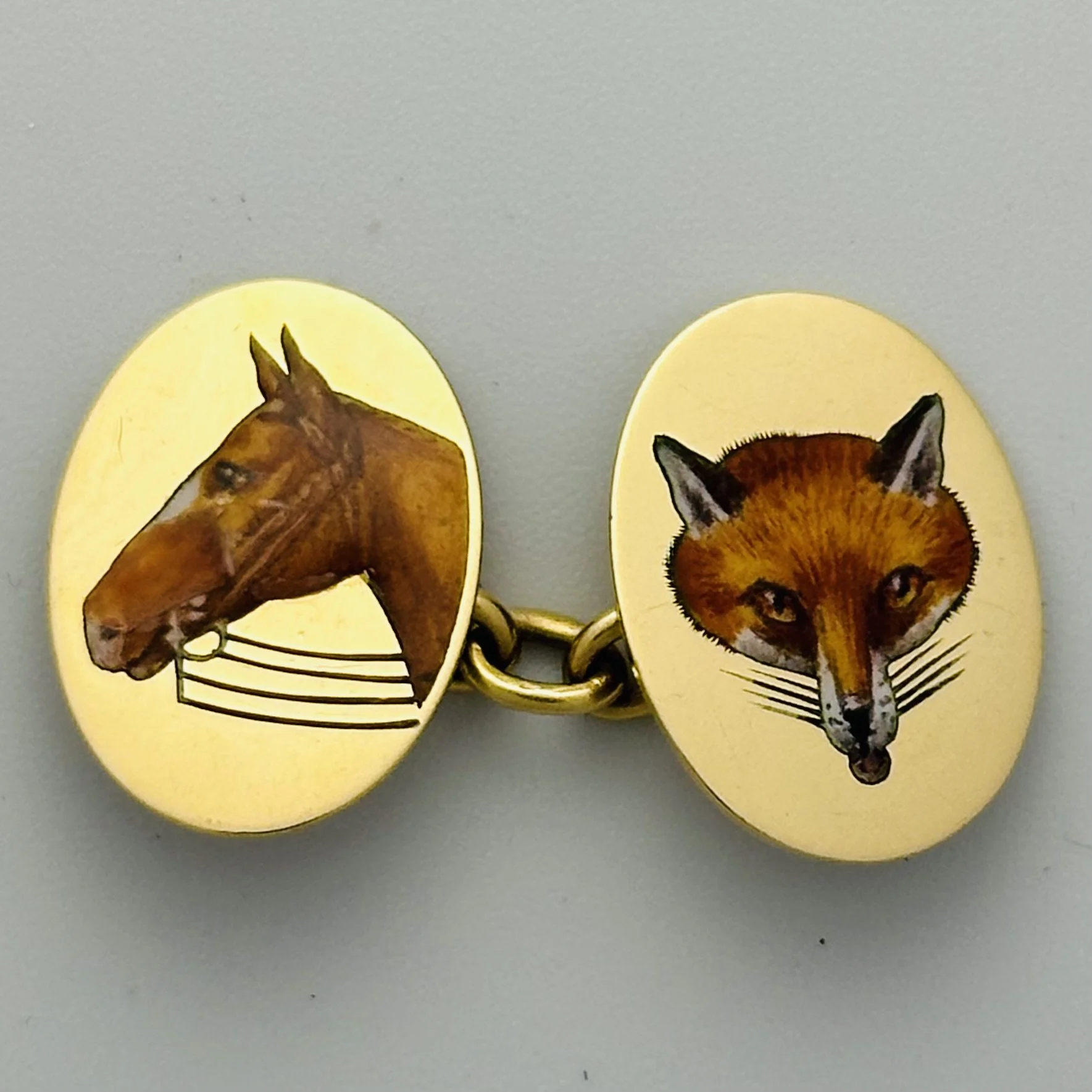 Pair of 18ct Yellow Gold & Enamel Fox Head and Horse Head Cufflinks