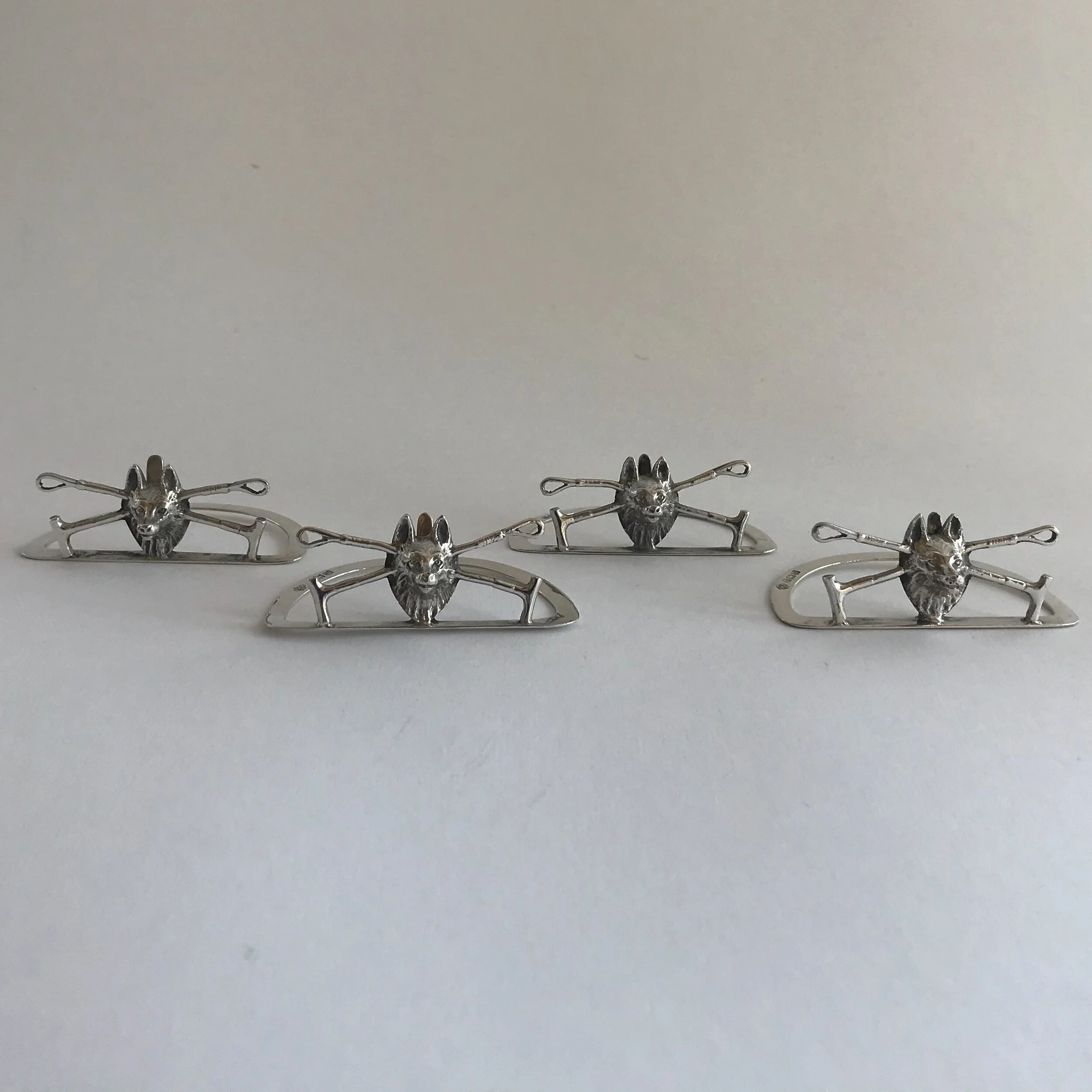 Sterling Silver Menu Holders Fox Heads with Crops Set of 4
