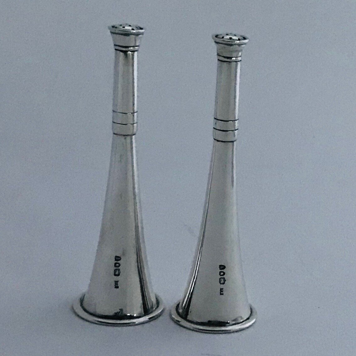 Pair of Late Victorian Sterling Silver Pepperettes in the form of Hunting Horns