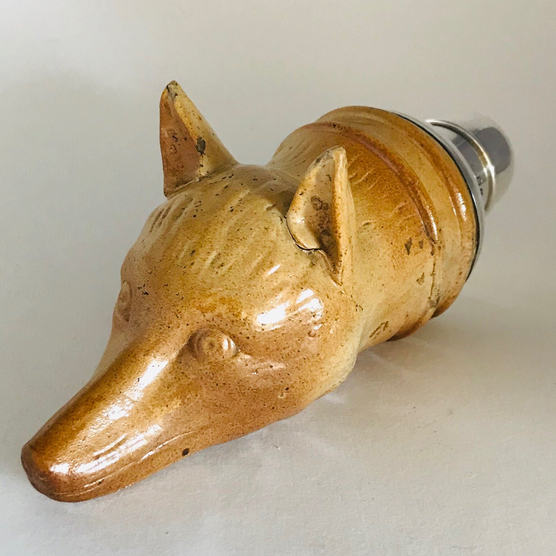 Rare Georgian Sterling Silver/Stoneware Fox Head Flask