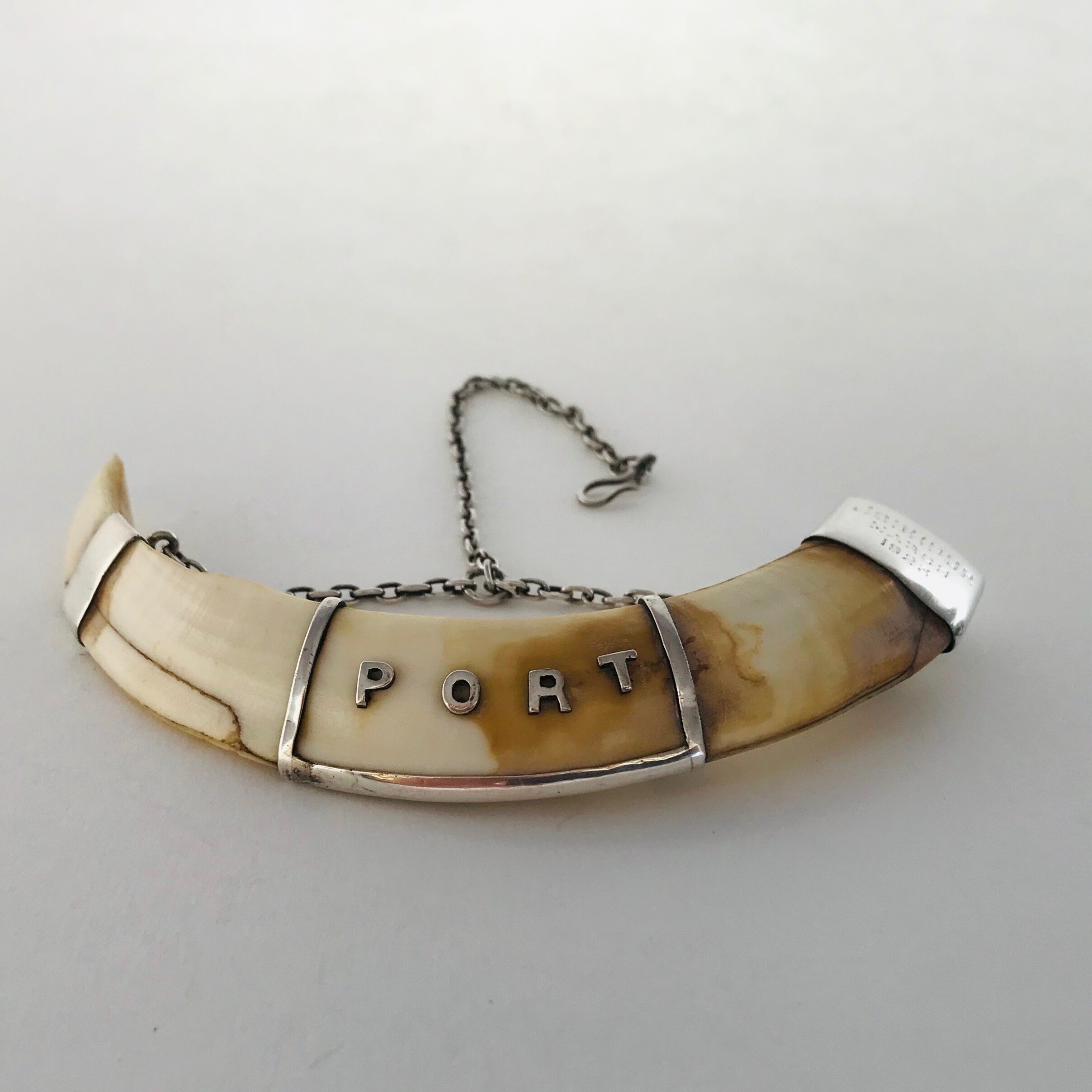 Unusual Port Decanter/Wine Label in Tusk and Silver