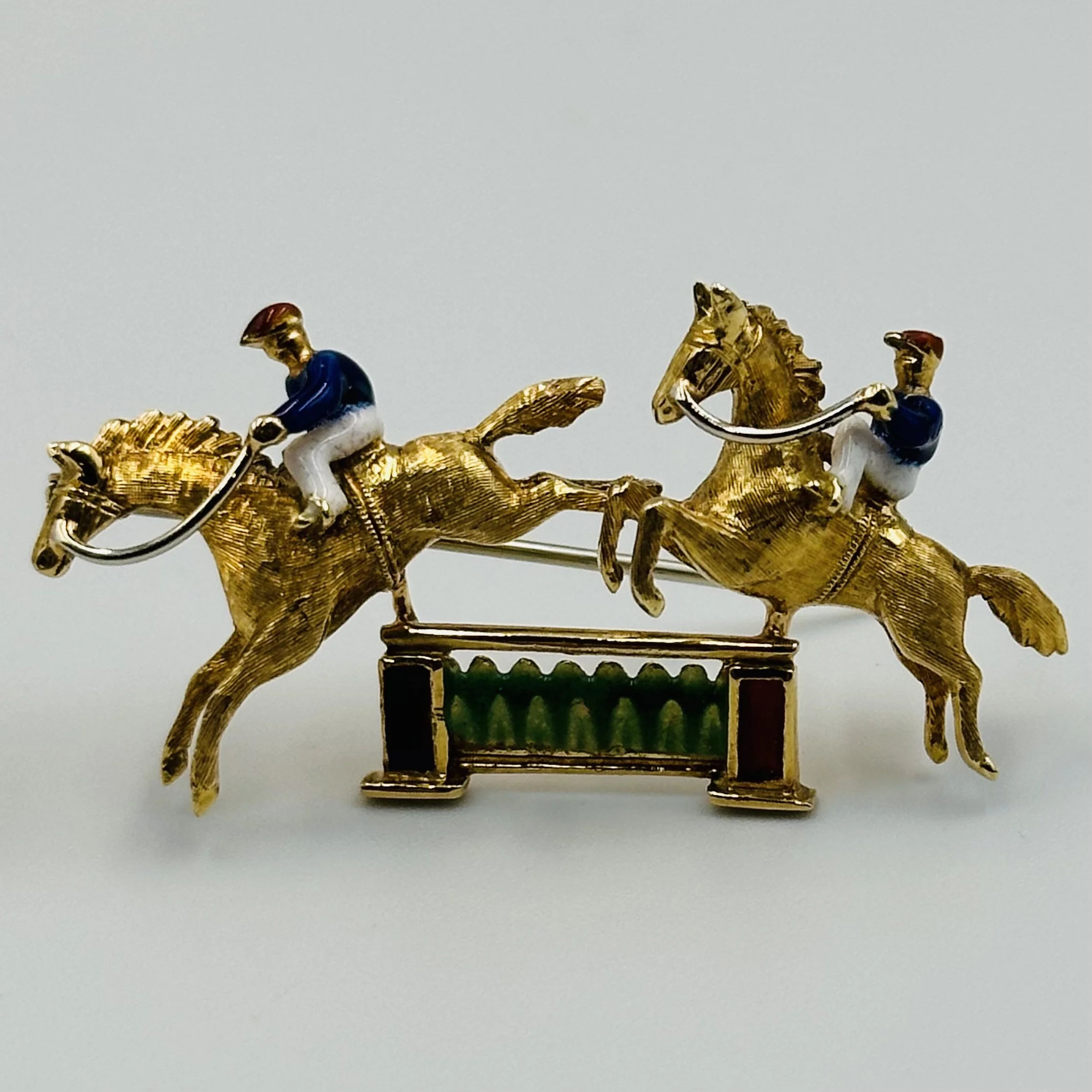 18ct Yellow Gold and Enamel Brooch of Riders and Jump