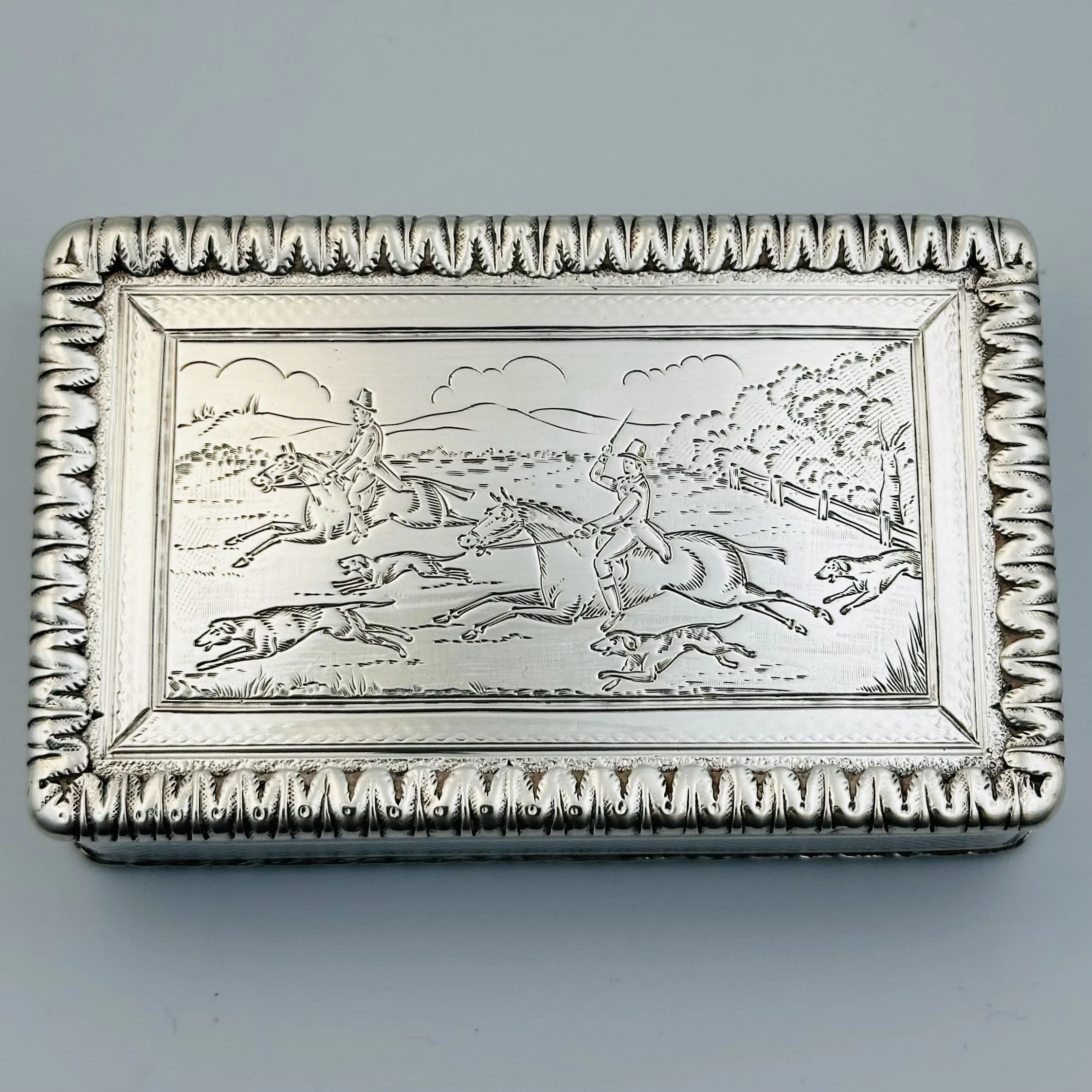 Fox Hunting Scene on a William IV Silver Table Snuff Box by Thomas Edwards 1837