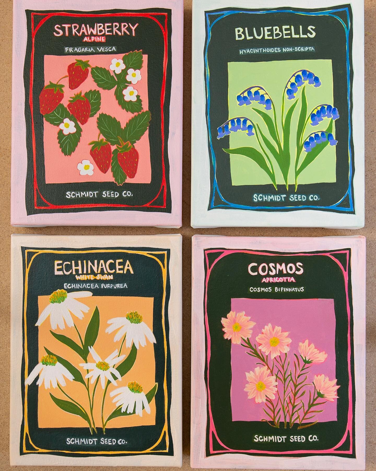 A handful of finished seed packets and more to come! I love the idea of clustering these together on a kitchen wall. 12&rdquo; x 9&rdquo;- $450 each. DM to claim these or inquire about a personalized commission with plants of your choice. 🍓