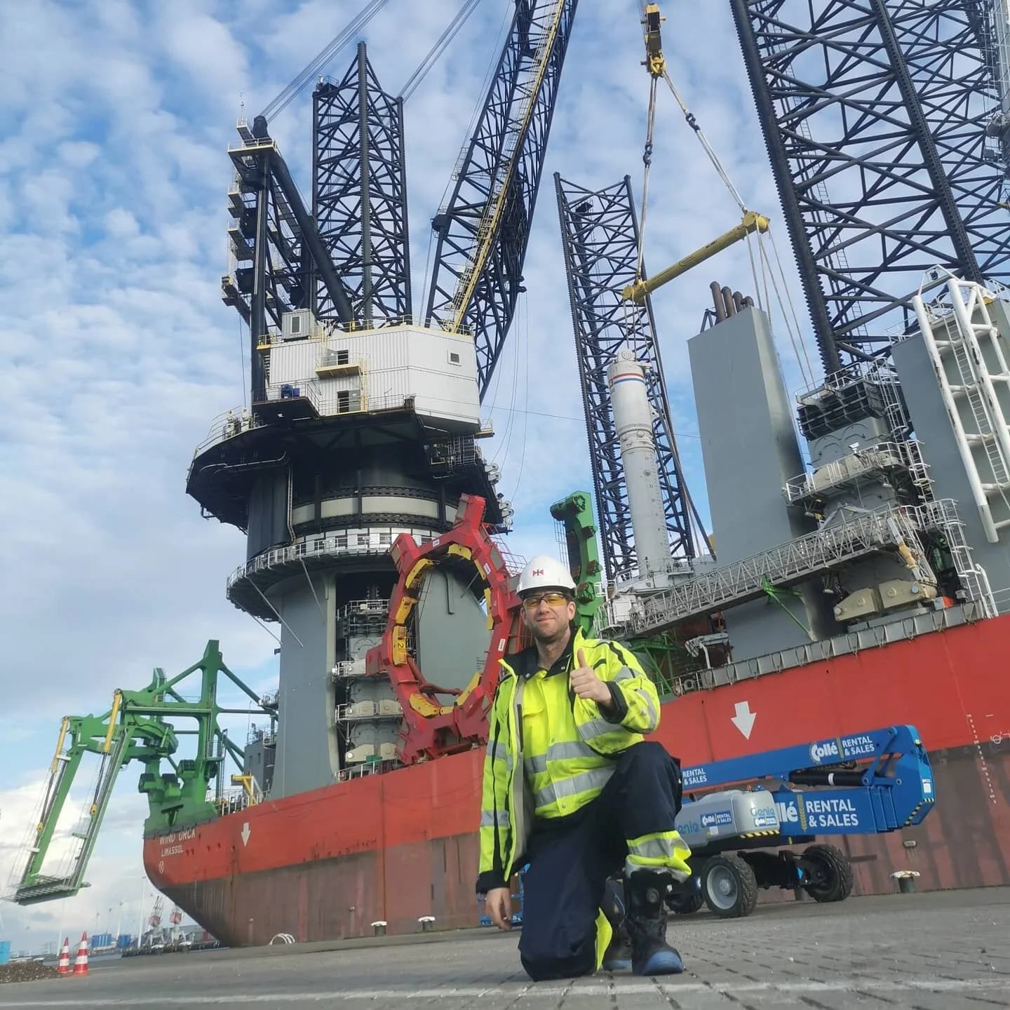 My latest vessel the Wind Orca. 

One of the largest Windfarm installation vessels in the world. Building Hornsea 2 windfarm. 

Each time in port, three "monopiles" which are the foundations for the turbines and weigh approximately 1000tons