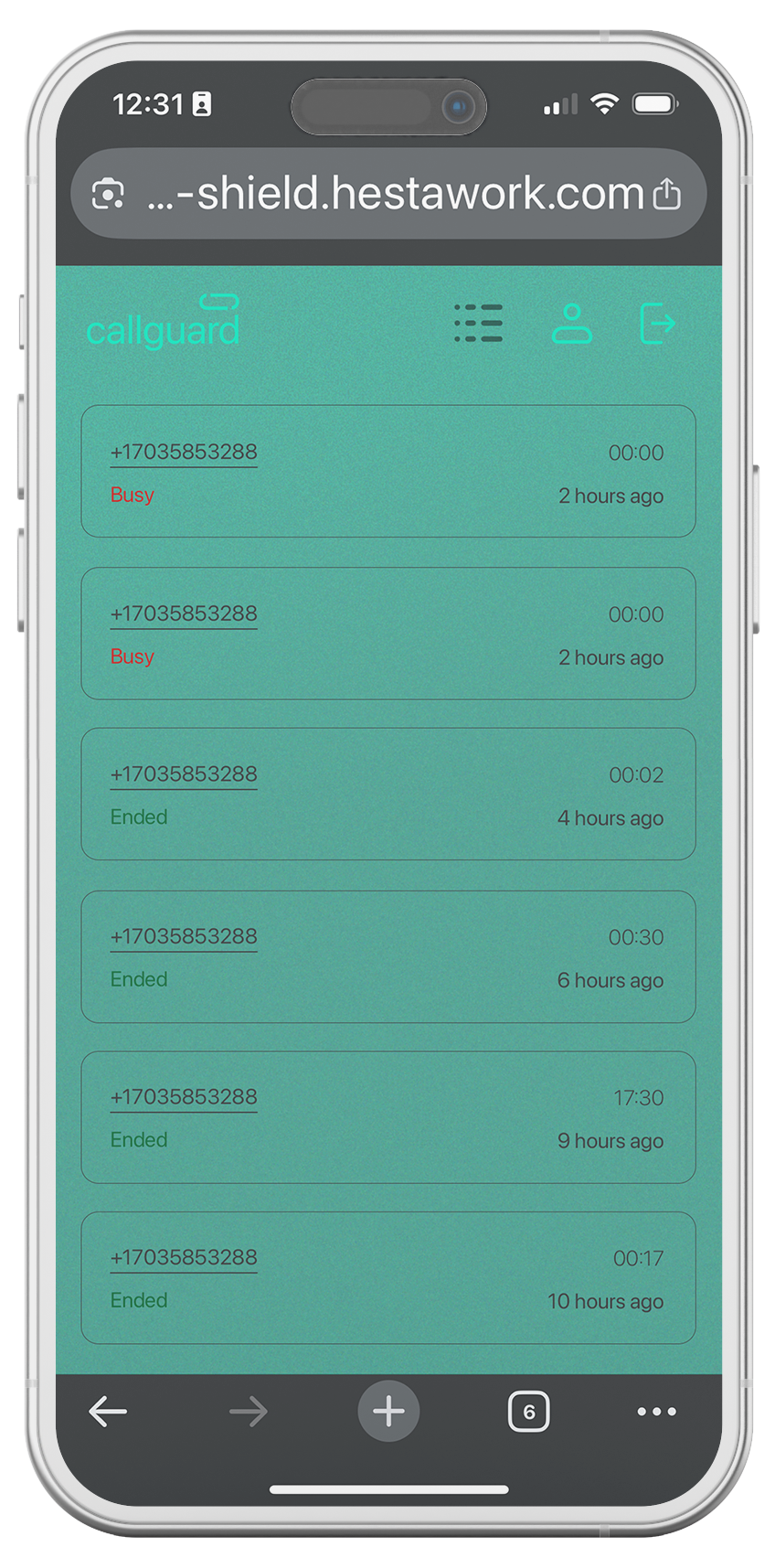 Screenshot of a call management app on a smartphone, showing a list of call logs with phone number +17035853388, statuses such as Busy and Ended, and timestamps for each call.
