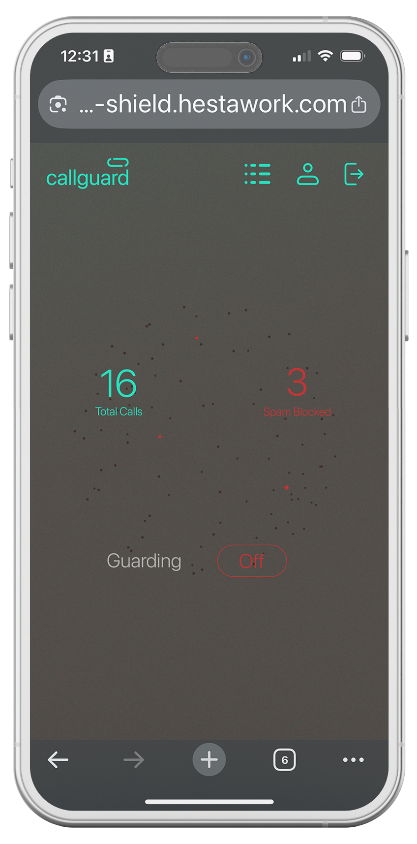 Screenshot of the CallGuard app displaying total calls, spam blocked, and a toggled off guard status on a smartphone.