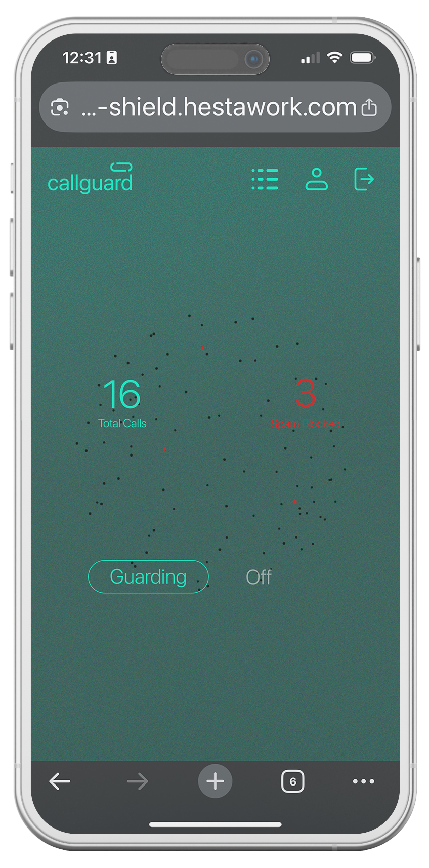 Mobile phone screen showing call activity dashboard with total calls of 16, spam blocked 3, call guard status as active, and a background with scattered dots.