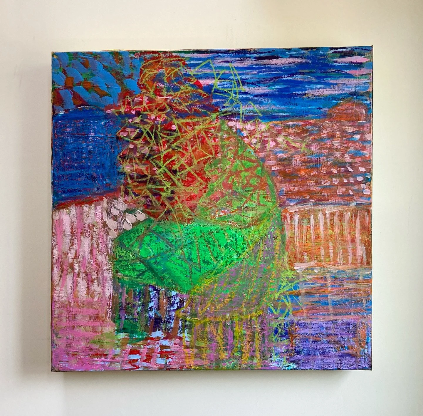 In the show:
Sitting on the Dock of the Bay
20&rdquo;x20&rdquo;

Otis Redding, a favorite musician and songwriter, I love the longing, the intimate and relaxed vibe, it feels sorrowful yet warm. I don&rsquo;t really know where this painting came from