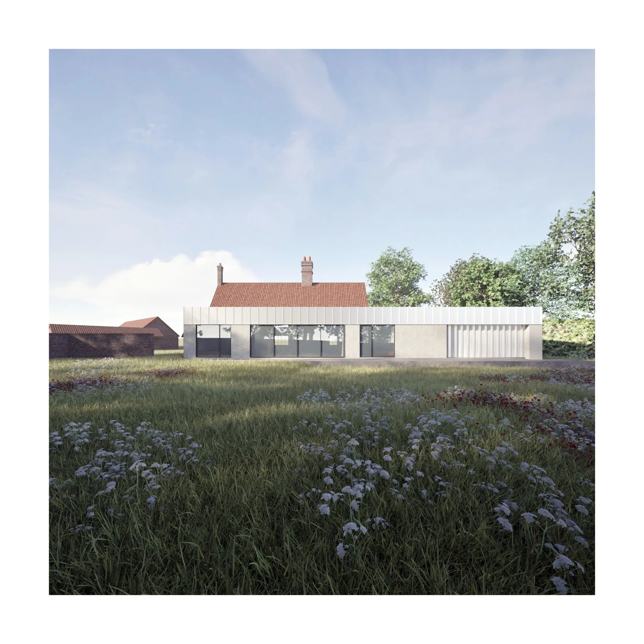 Early concept visuals for an extension and renovation project in the UK. Exposed concrete walls and a steel roof draw inspiration from the site&rsquo;s agricultural heritage, while expansive glazing transforms the existing spaces, framing views and c