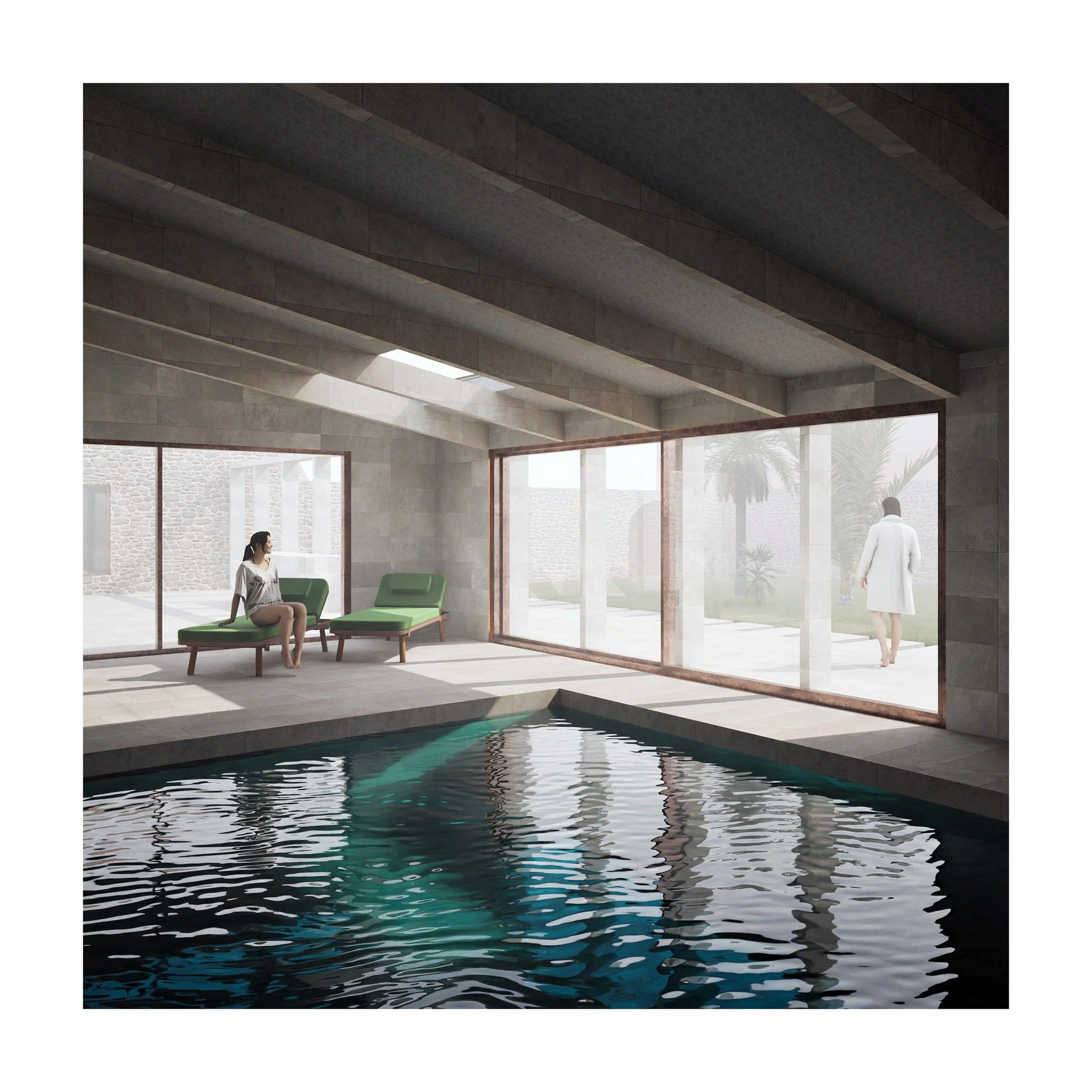 A calm, light-led pool pavilion concept for a project in Guernsey. Daylight slips through rooflights and full-height glazing from the walled garden, with exposed beams and stone surfaces setting a restrained, durable palette, creating a contemplative