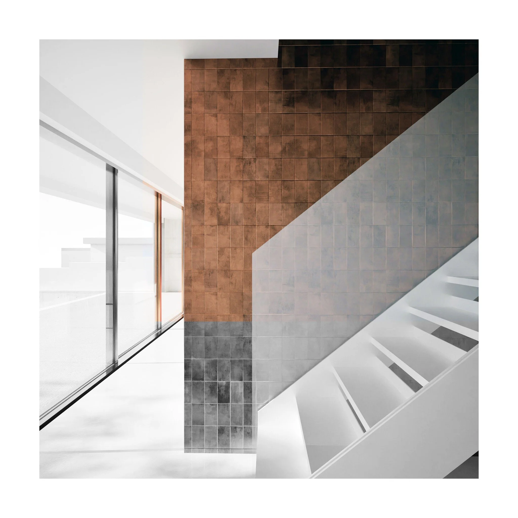 Design study of a lightweight open-riser steel stair. Open treads and a slim profile keep the circulation core bright, while a patinated tile wall introduces warmth against a calm, pared-back interior. Minimal junctions, concealed fixings, polished s