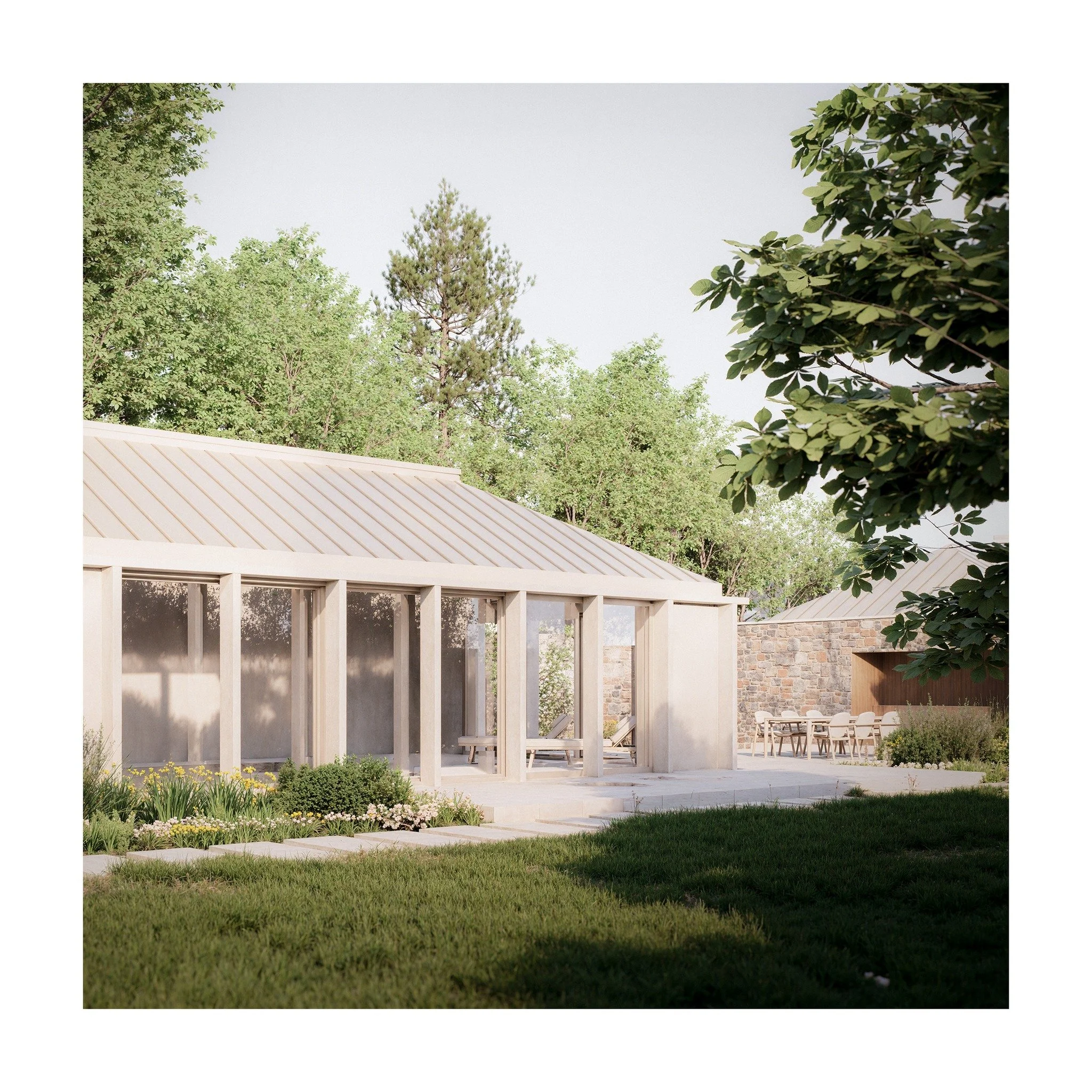 Quiet architecture for a walled garden. 

Our proposed pool house pairs a standing-seam hipped metal roof with slim stone columns and full-height glazing. A linear rooflight at the ridge draws daylight deep into the vaulted interior, opening to a she