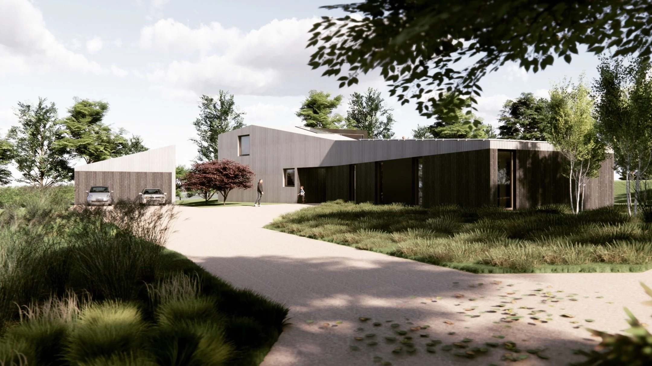 Pre-planning application being finalised for a new self-build house in East Suffolk.

The house will replace several dilapidated buildings that served as a residential dwelling. 

The new building is predominantly single-storey, rising to two-storey 