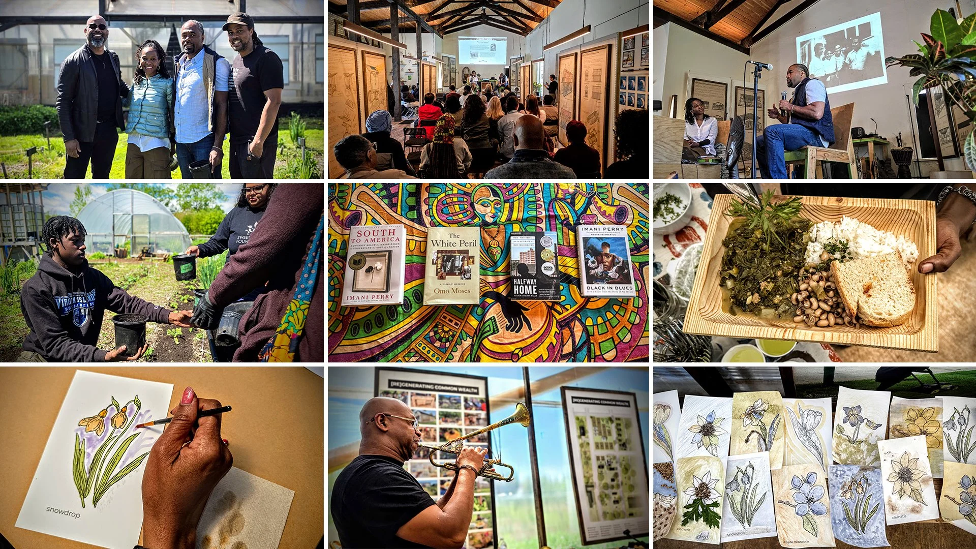 Photo collage from the May 13, 2026 Wellness Wednesday and Civic Arts Talk, including art, music, food and special guests: Dr. Imani Perry, Omo Moses, and Reuben Jonathan Miller.