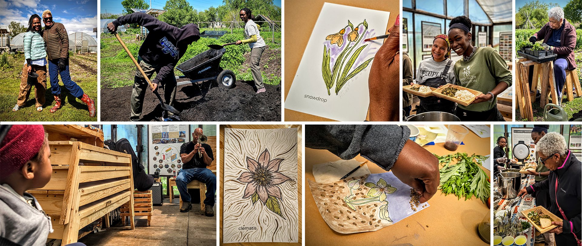 Photographs of community members and visitors at Wellness Wednesday engaging in hands-on work, art, and enjoying a farm-to-table meal.