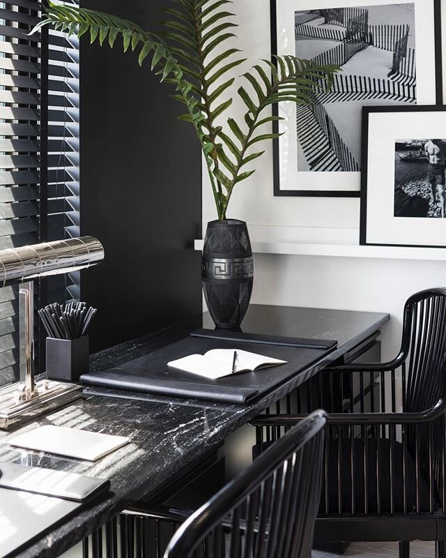 We&rsquo;re still crushing on this #homeoffice from an apartment we designed for our friends at @therennieharlem. We carried #linework and graphic #blackandwhite throughout // 📸: @macchiaphoto .
.
.
.
Art: @artdotcom 
Desk: @rsmarblesandgranite @and
