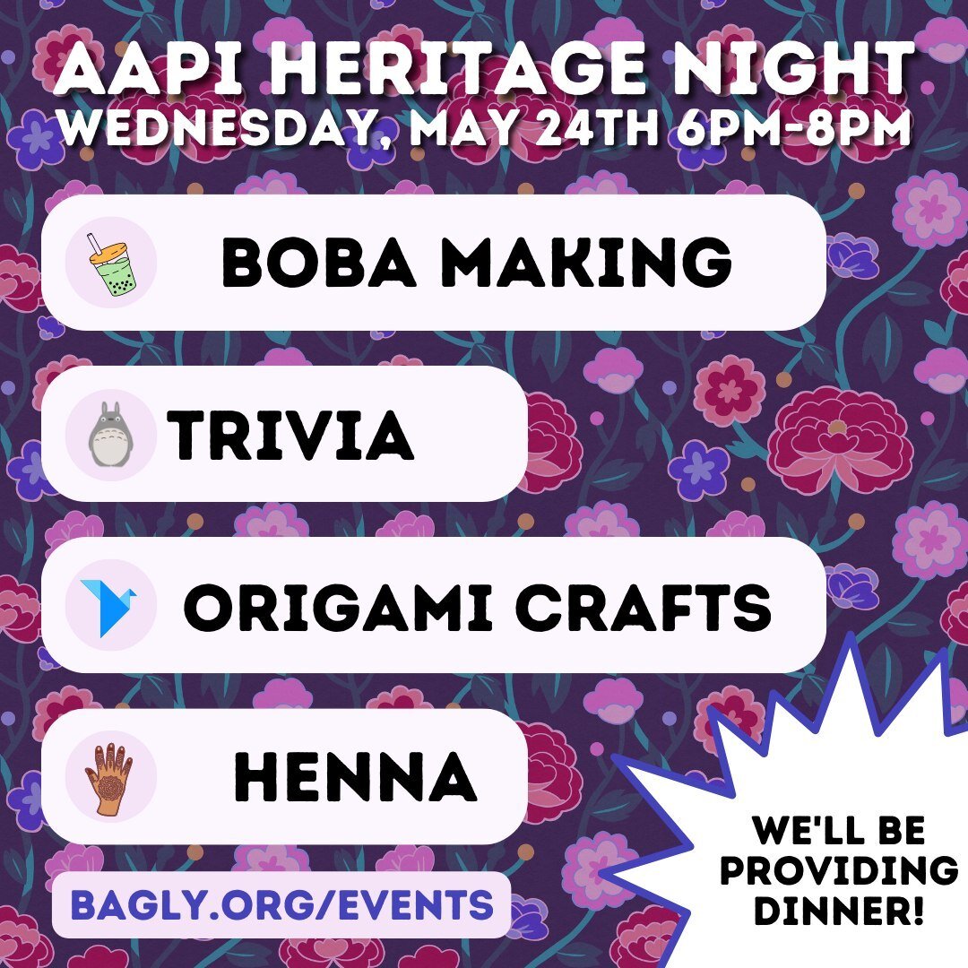 Our Asian Social Night, in honor of AAPI Heritage Month is next week! Registration is still open to all 

We'll be providing dinner while we do activities such as: henna, boba making, origami crafts, and trivia. This social is open to all queer &amp;