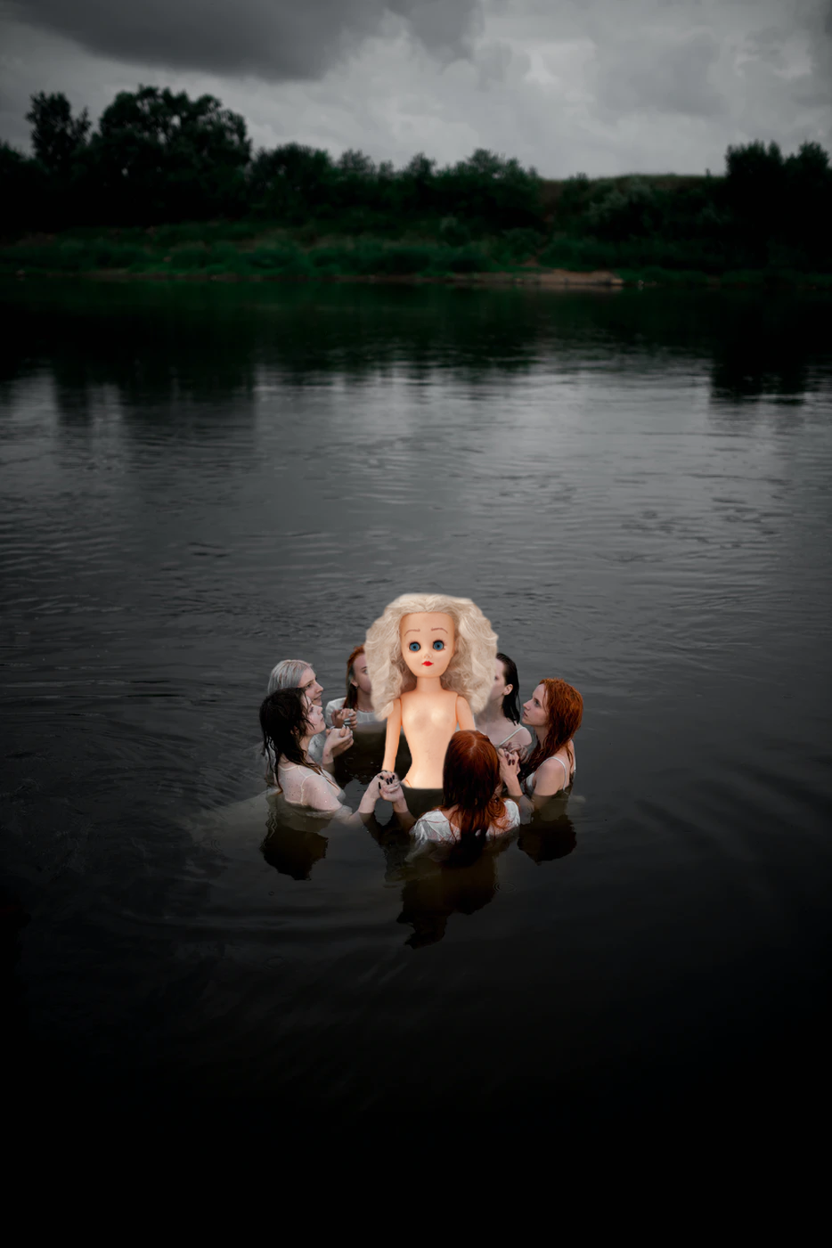 Ginger in water surrounded by a group of women forming a circle around her