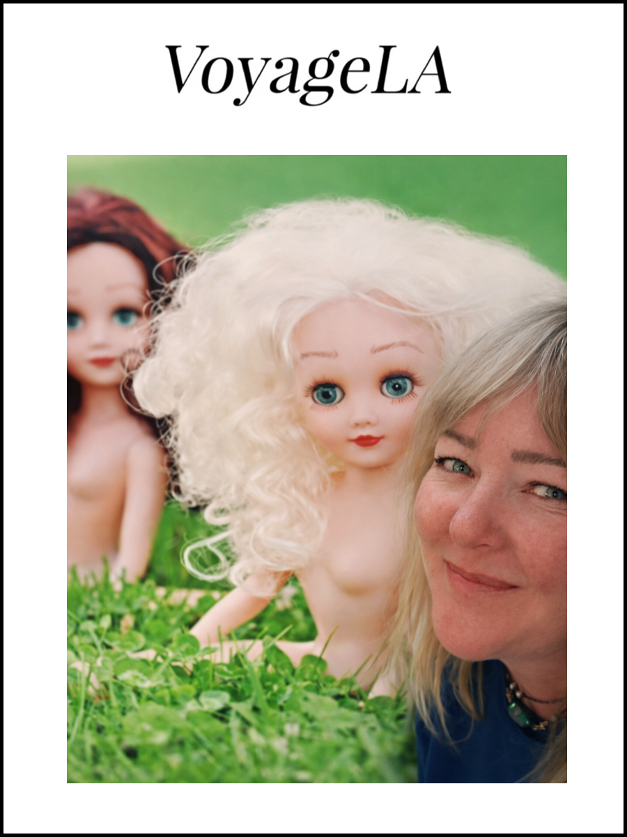 Press piece with VoyageLA logo on top with Julia smiling at camera standing in front of canvas. "Where the Grass is Greener" of Paige and Ginger doing the splits on green grass