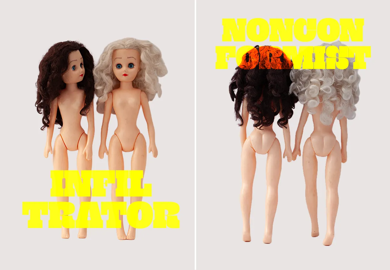 Paige and Ginger on white background with words in yellow overlay:  INFILTRATOR and NONCONFORMIST