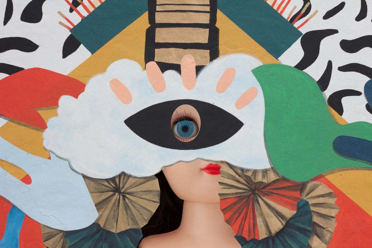 The Mysteries of Paige, Paige's eye behind surreal style artwork