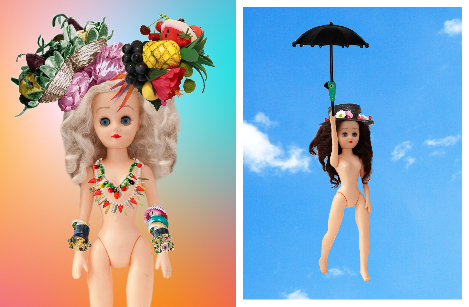 Ginger as Carmen Miranda with a fruit hat and Paige as Mary Poppins with an umbrella