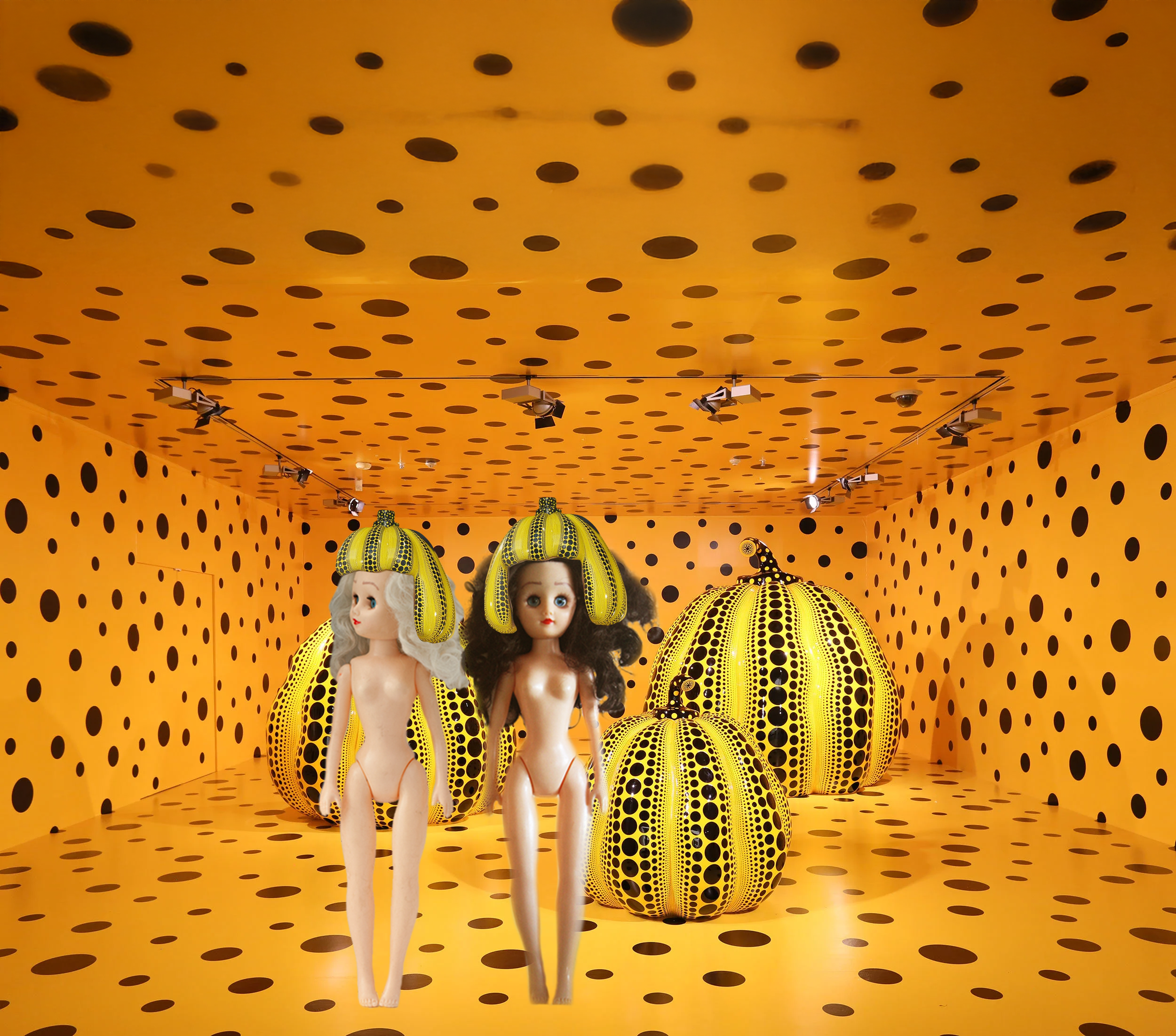 Paige and Ginger standing in orange room with dots by Japanese artist Yayoi Kusama