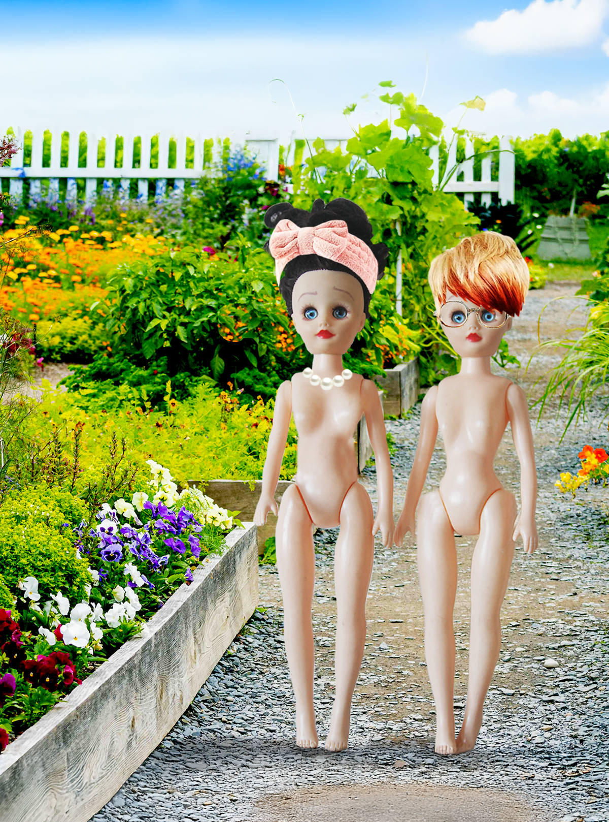 Paige and Ginger as their mothers standing on a garden path with the ocean and blue skies in the background