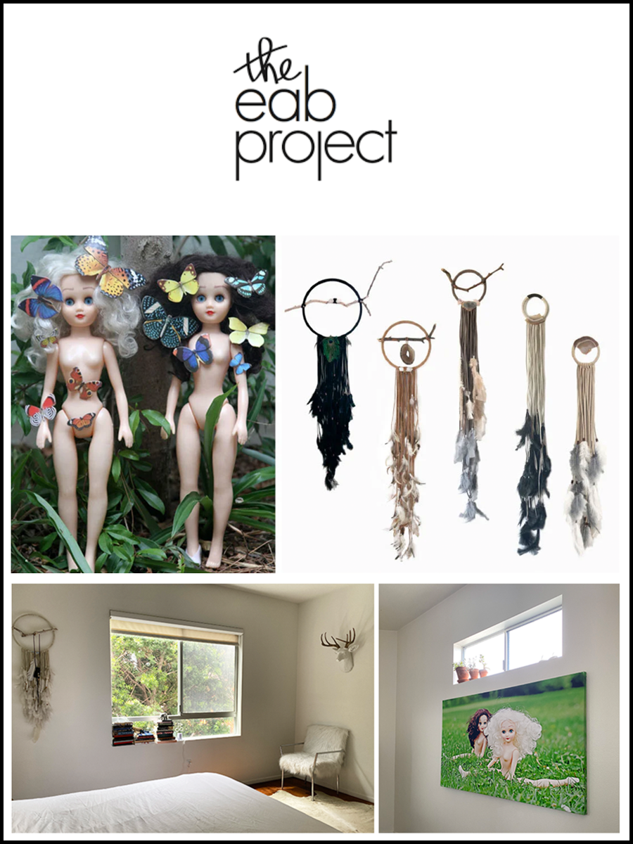 Press piece with the eab project logo on top with images of Paige and Ginger with butterflies, dreamcatchers on white background and an image of sparse bedroom and Paige and Ginger doing splits on grass on wall