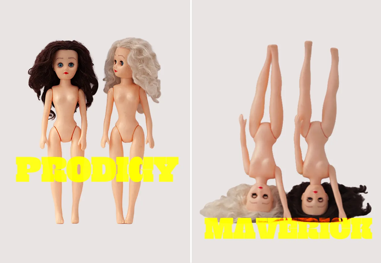 Paige and Ginger on white background with words in yellow overlay: PRODIGY and MAVERICK