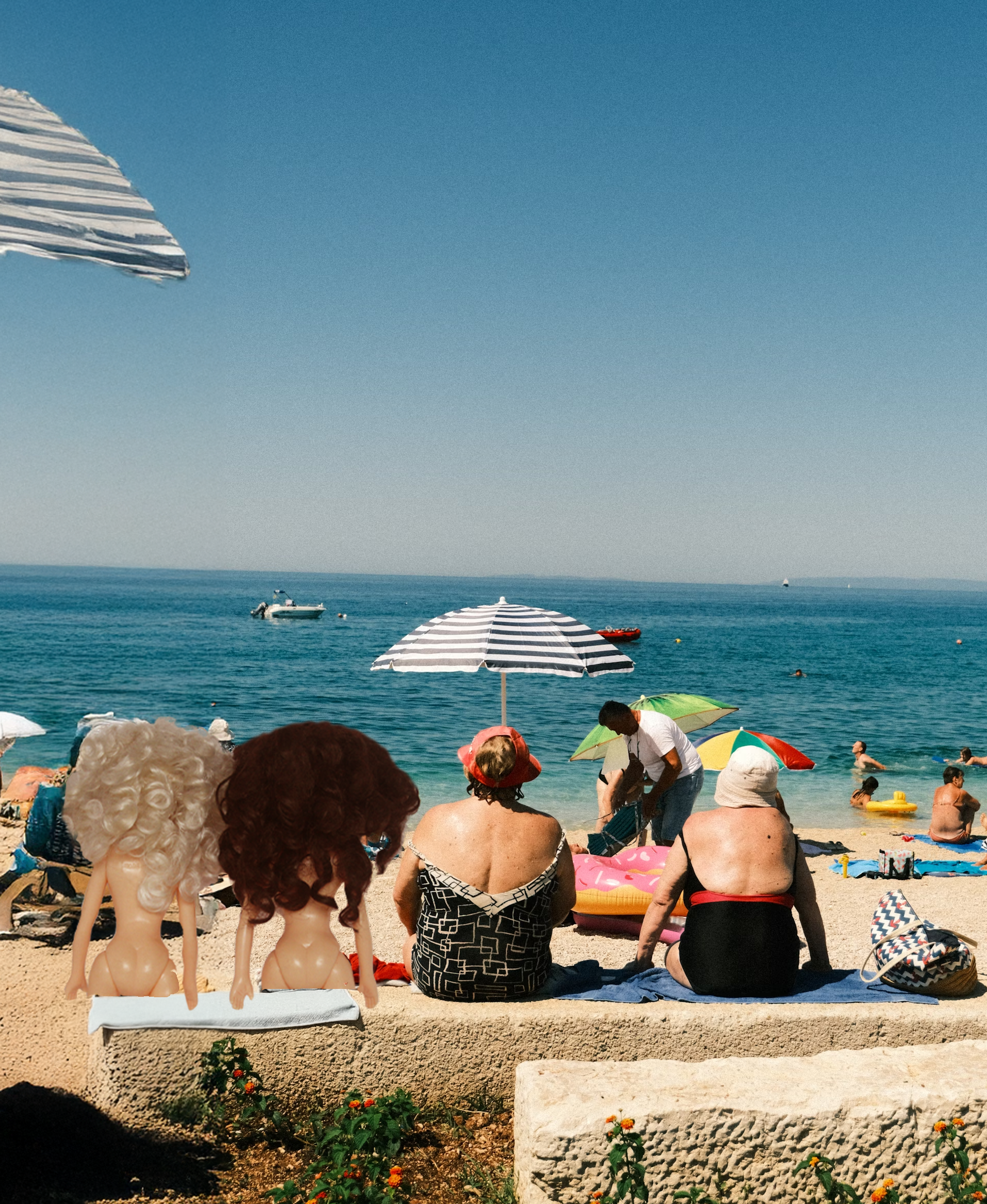 Paige and Ginger facing backwards sitting on a beach with two old ladies in bathing suits next to them, looking at the ocean