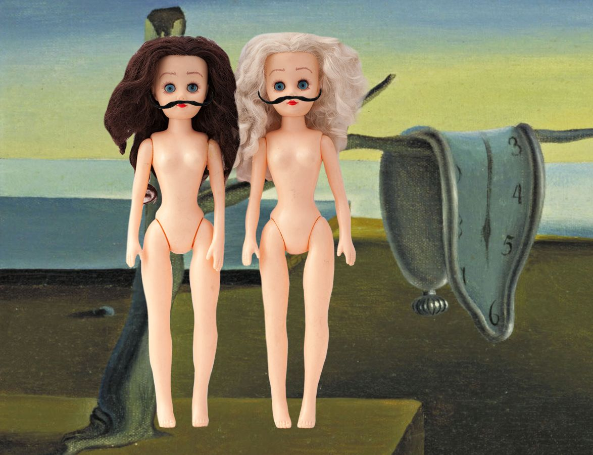 Dali's The Persistence of Memory with Paige and Ginger standing in front with their Dali mustaches
