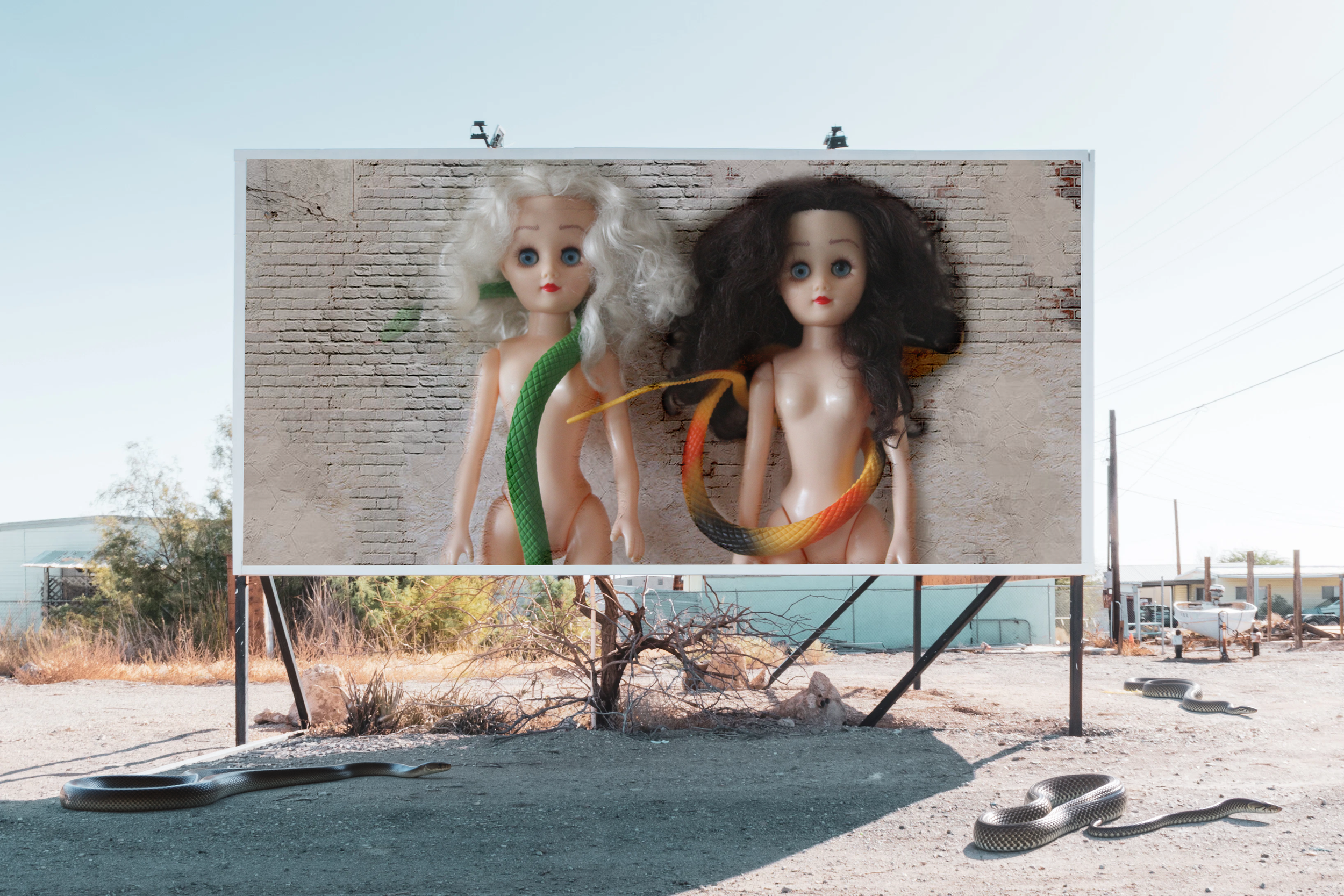 Billboard of Paige and Ginger standing against an outdoor wall with snakes draped around them and snakes slithering on the ground below their billboard