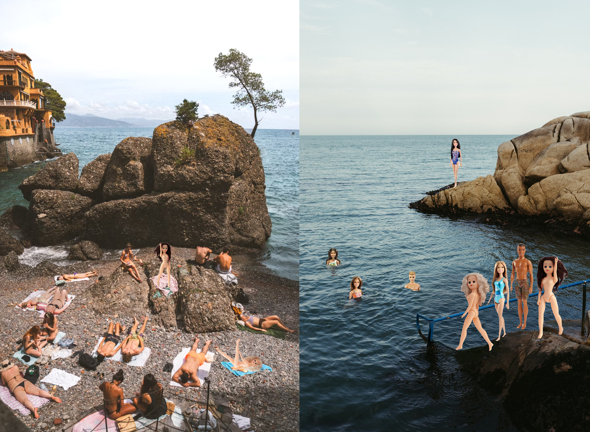 Two images side by side of Paige and Ginger at the beach with humans and also with other dolls