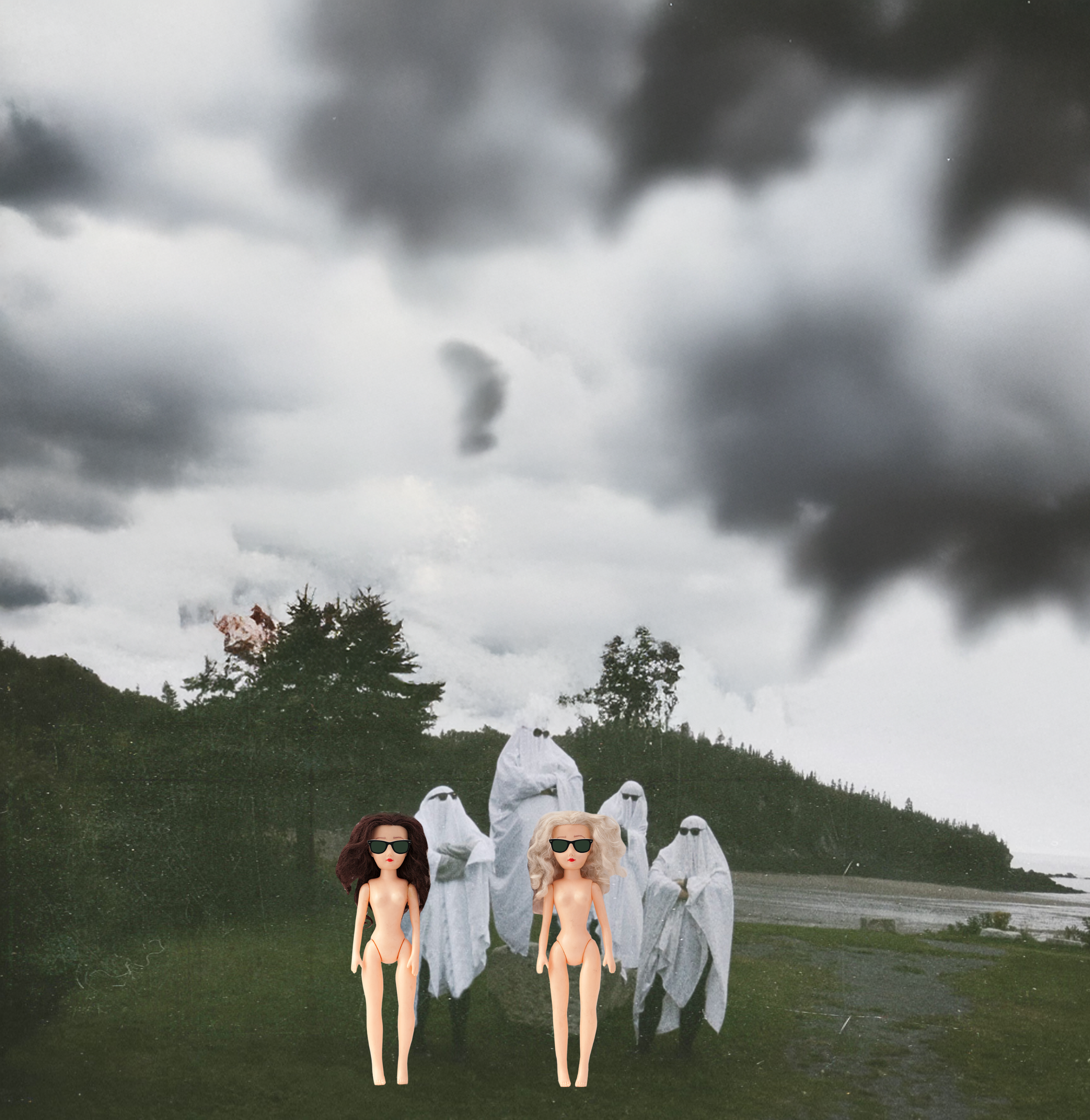 Paige and Ginger with ghosts behind them, all wearing ray bans. Cool ghosts