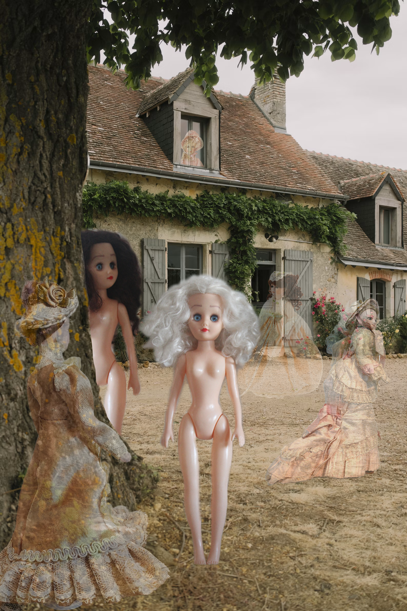 Paige and Ginger in front of an old house with old-timey ghost ladies