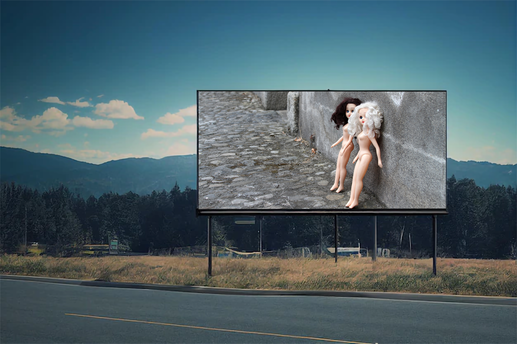 Billboard of Paige and Ginger leaning against a concrete wall, looking like they're running and hiding from something