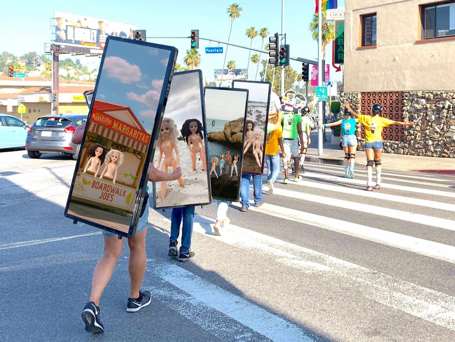 Group of people walking across a street in West Hollywood with human billboards on their backs with fun images of Paige and Ginger on them