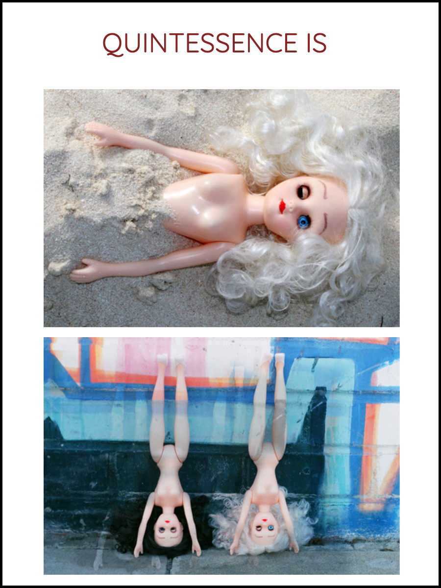 Press image with Quintessence Is logo at top with images of Ginger in sand and Paige and Ginger doing handstands on a graffiti wall below