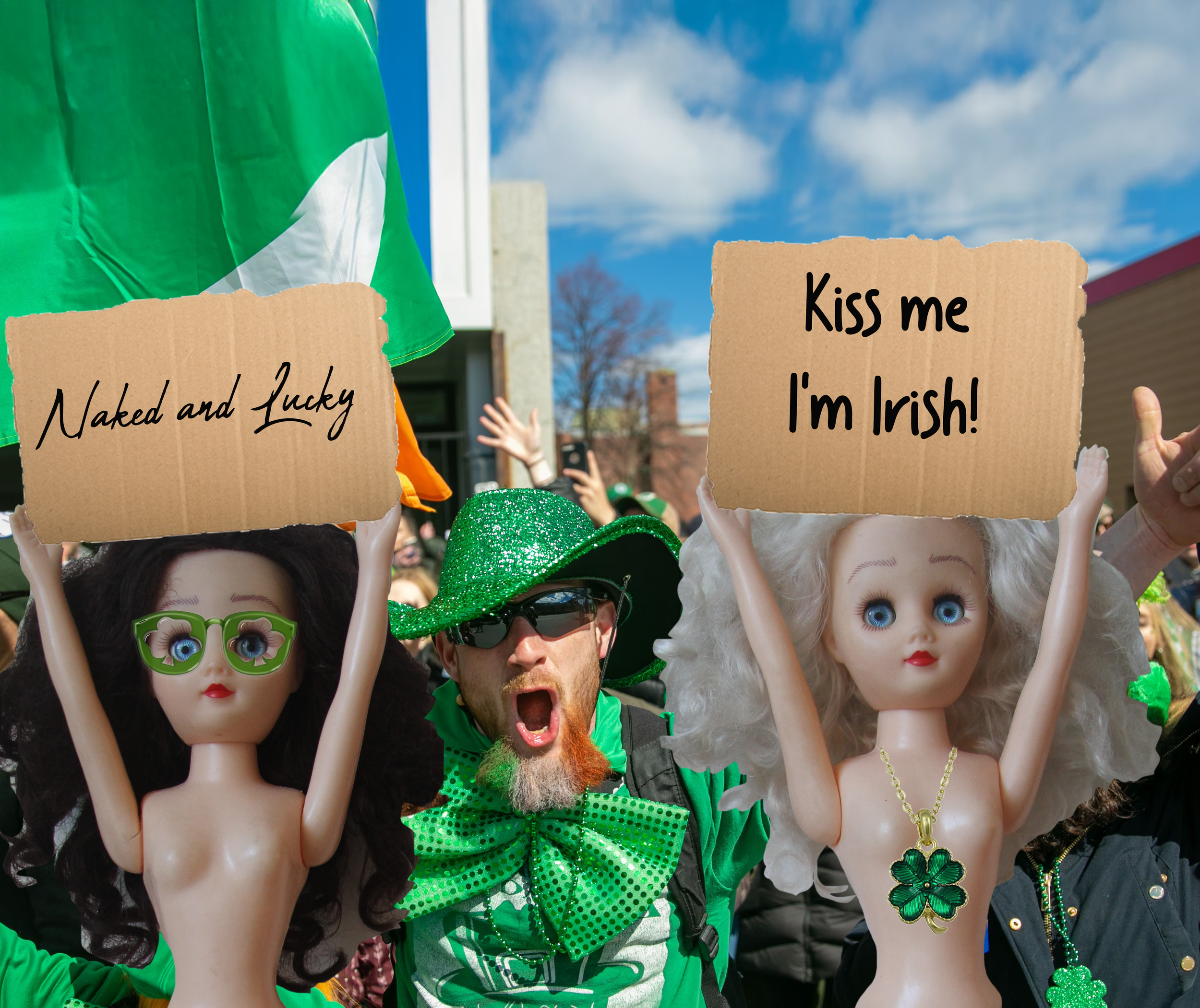 Paige and Ginger wearing green leprechan hats with signs that say "Kiss Me, I'm Irish" for St. Patrick's Day