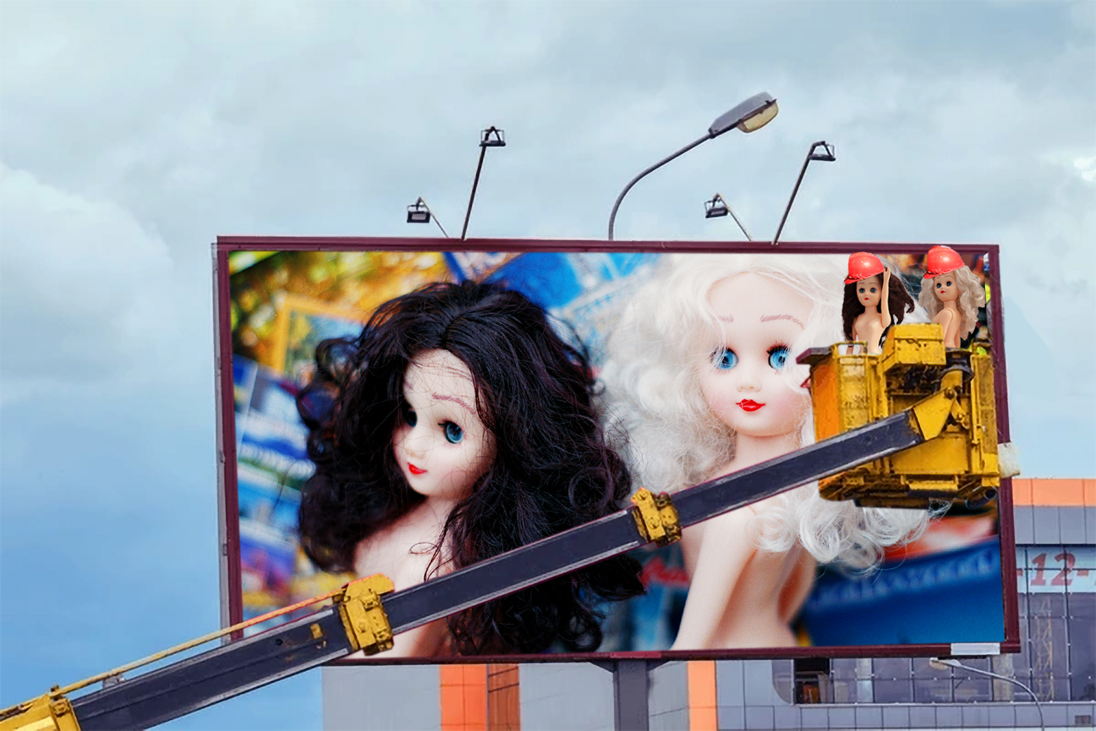 Billboard of Paige and Ginger Gone Hollywood with a small Paige and Ginger in construction hats working on the sign
