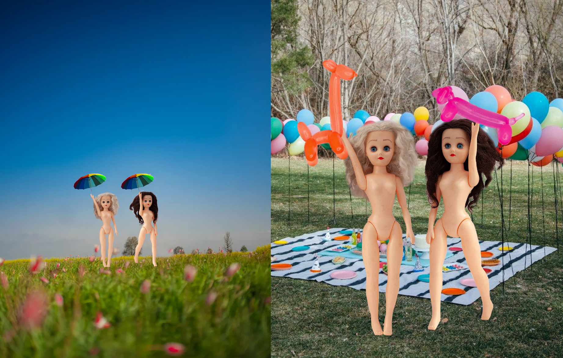 Paige and Ginger skipping along grass holding colorful umbrellas, Paige and Ginger making balloon animals on grass with balloons in background