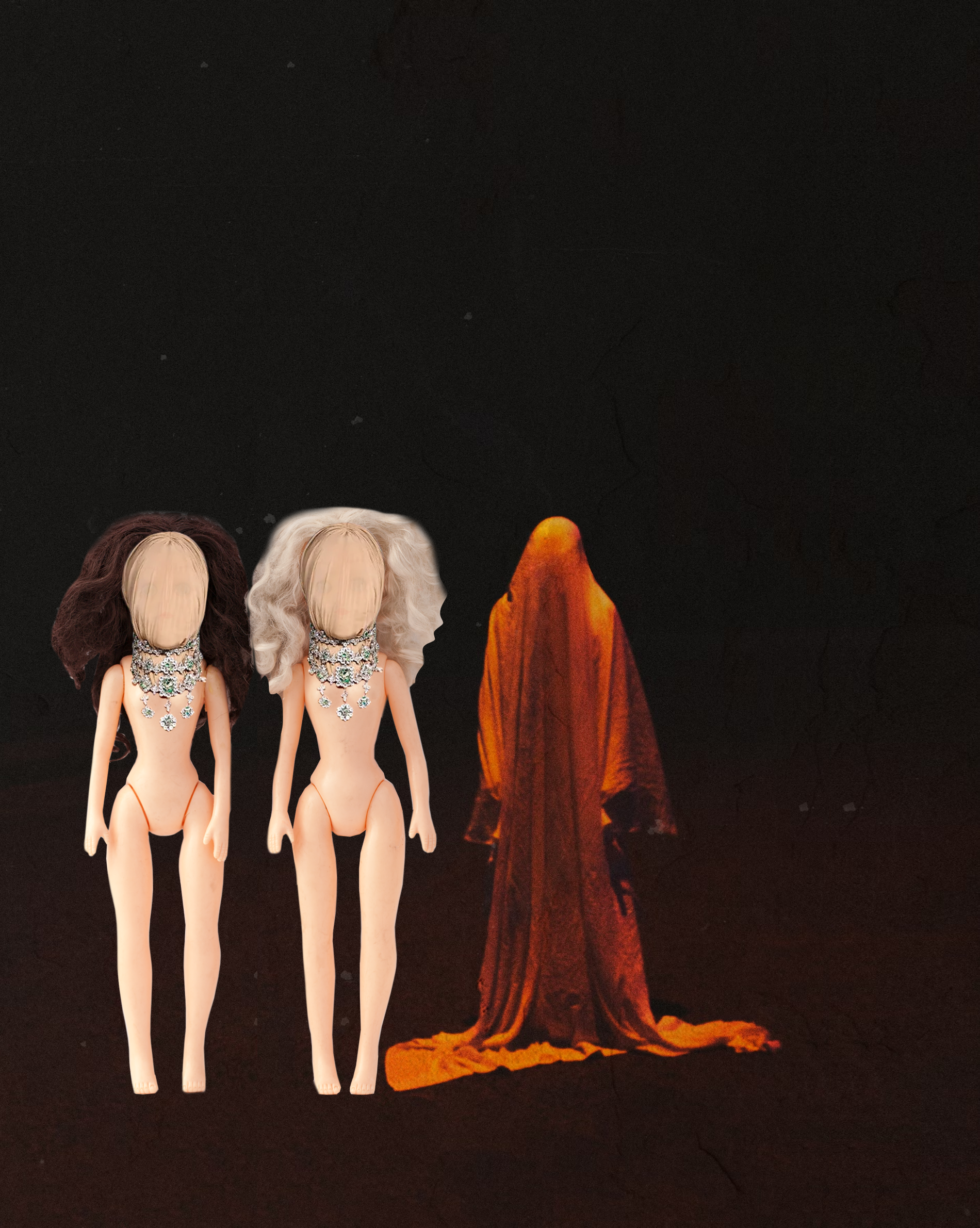 Paige and Ginger wearing panty hose covering on faces with diamond necklaces on at night with person covered in orange cloth beside them
