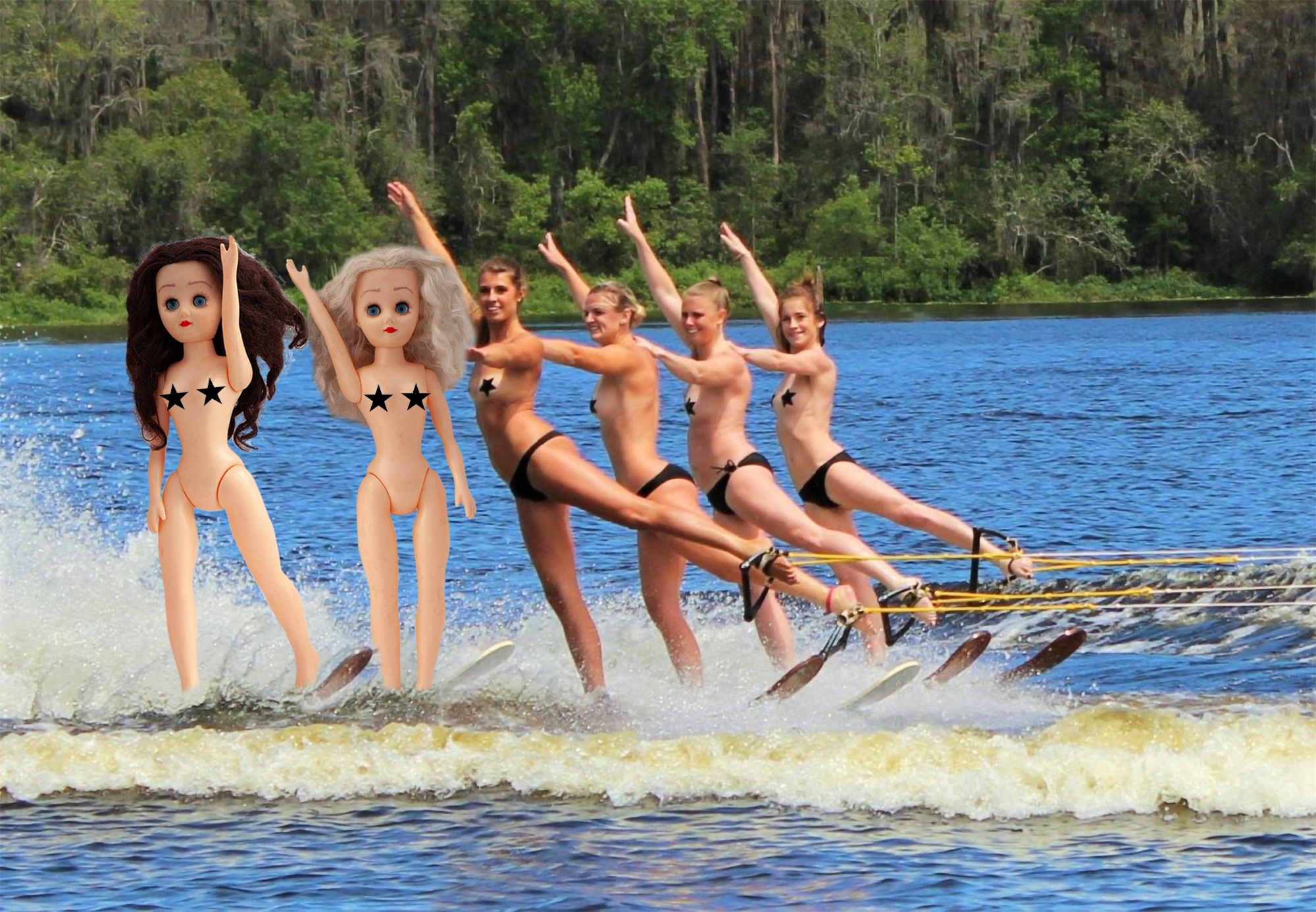 Paige and Ginger wearing black star pasties on waterskis with four other girls