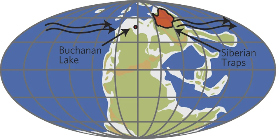 ~250 million years ago, Earth looked a lot different than it does today. The orange region highlights the region of the Siberian Traps.