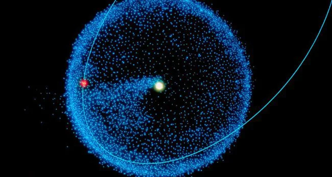 This (unknown) artist's depiction shows the hypothetical star, Nemesis, passing through the Oort cloud, thus sending a swarm of comets towards the inner solar system. Though I think Nemesis is bunk, and this illustration depicts the invading star as having an orbital period around the Sun, it still does a fine job of illustrating what could hypothetically happen should a red dwarf pass through an icy outer shell (or torus) of the KIC 8462852 stellar system.