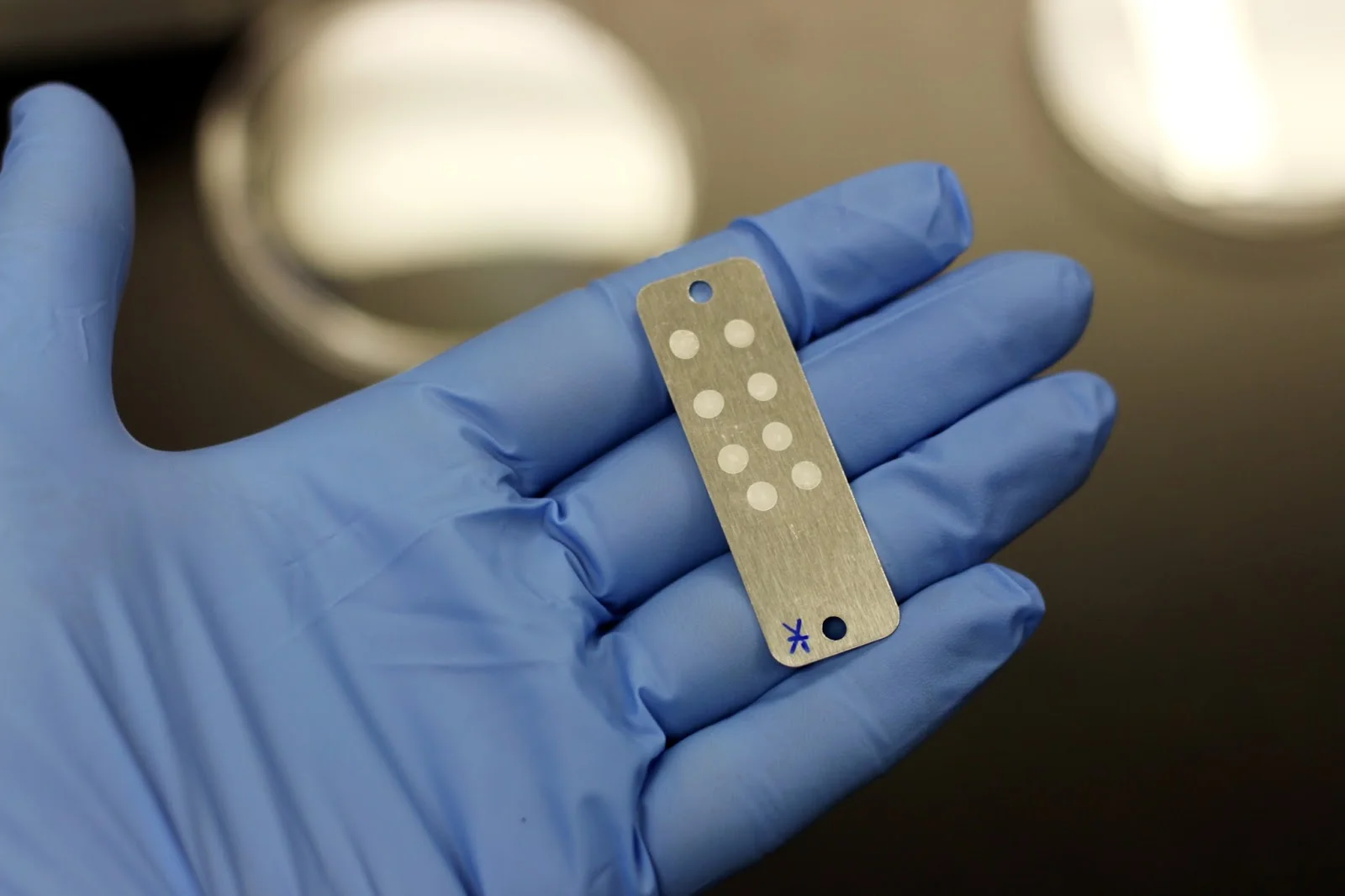 Space-relevant bacteria are dried onto these metal plates. Each of the teams responsible for the 34 balloons charged with carrying this payload, will be given two plates. One to send up with the balloon, and the other to remain with them at the surface. The plate pairs for each of the 34 balloons will be compared at the end of the experiment. Photo Credit: NASA/Ames Research Center/Tristan Caro
