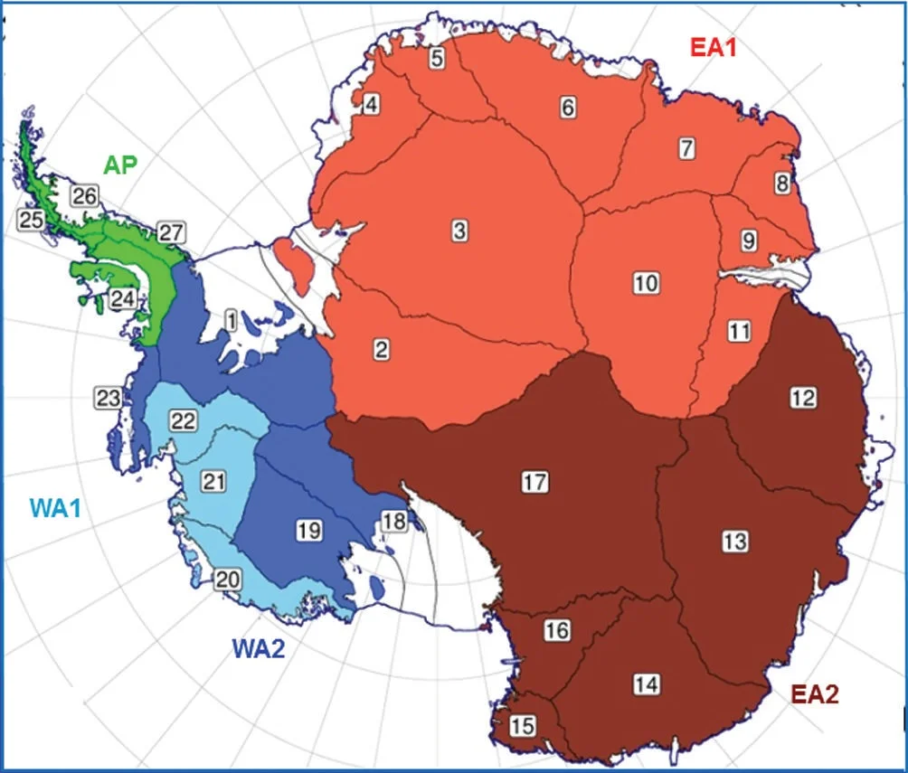 Antarctic drainage areas as determined by the ERS and ICESat spacecrafts. (Source: H. Jay ZWALLY et al., Journal of Glaciology, Vol. 61, No. 230, 2015 doi: 10.3189/2015JoG15J071)